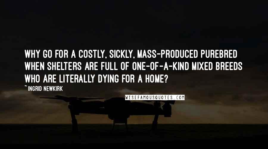 Ingrid Newkirk Quotes: Why go for a costly, sickly, mass-produced purebred when shelters are full of one-of-a-kind mixed breeds who are literally dying for a home?