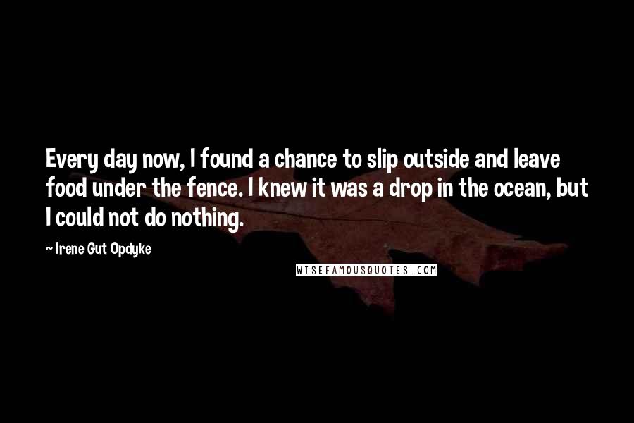 Irene Gut Opdyke Quotes: Every day now, I found a chance to slip outside and leave food under the fence. I knew it was a drop in the ocean, but I could not do nothing.