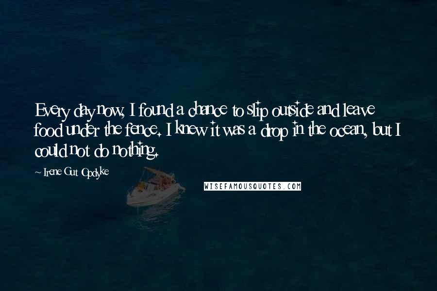Irene Gut Opdyke Quotes: Every day now, I found a chance to slip outside and leave food under the fence. I knew it was a drop in the ocean, but I could not do nothing.