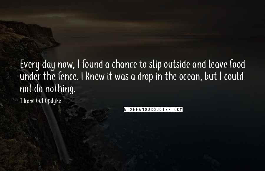 Irene Gut Opdyke Quotes: Every day now, I found a chance to slip outside and leave food under the fence. I knew it was a drop in the ocean, but I could not do nothing.