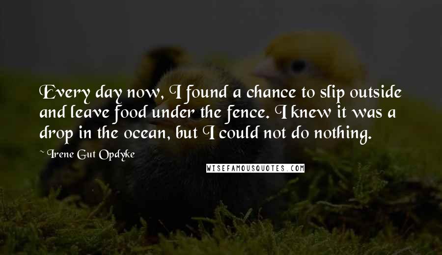 Irene Gut Opdyke Quotes: Every day now, I found a chance to slip outside and leave food under the fence. I knew it was a drop in the ocean, but I could not do nothing.