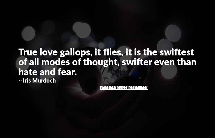 Iris Murdoch Quotes: True love gallops, it flies, it is the swiftest of all modes of thought, swifter even than hate and fear.