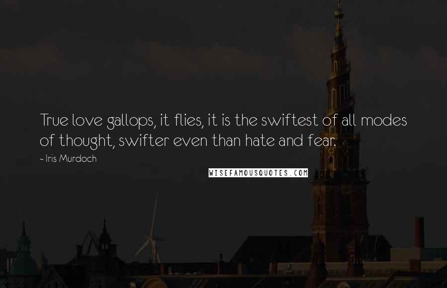 Iris Murdoch Quotes: True love gallops, it flies, it is the swiftest of all modes of thought, swifter even than hate and fear.