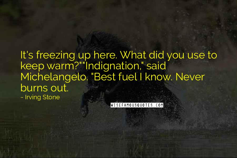 Irving Stone Quotes: It's freezing up here. What did you use to keep warm?""Indignation," said Michelangelo. "Best fuel I know. Never burns out.