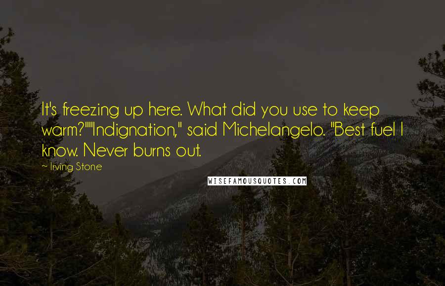 Irving Stone Quotes: It's freezing up here. What did you use to keep warm?""Indignation," said Michelangelo. "Best fuel I know. Never burns out.