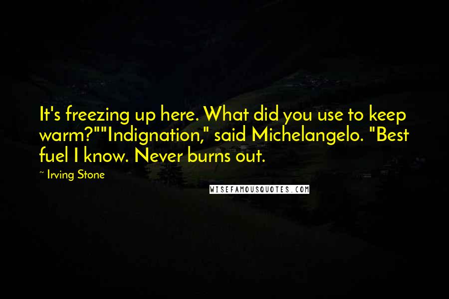 Irving Stone Quotes: It's freezing up here. What did you use to keep warm?""Indignation," said Michelangelo. "Best fuel I know. Never burns out.
