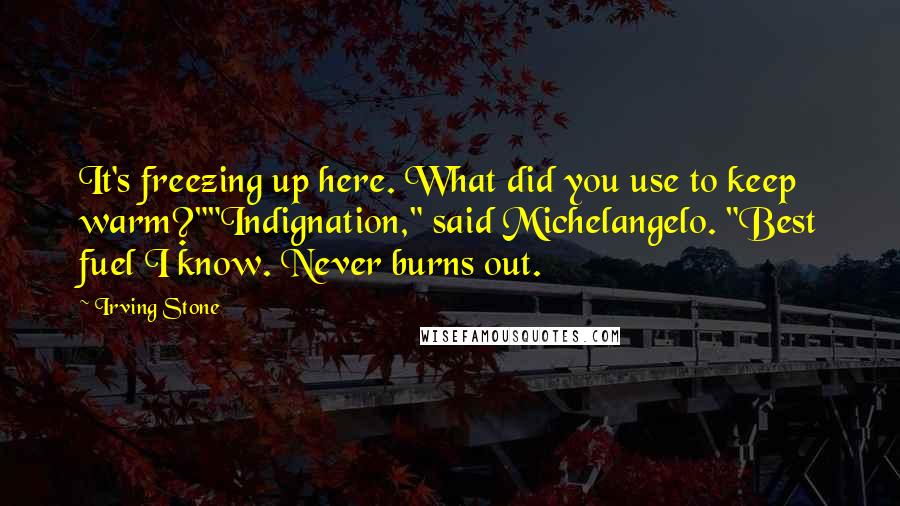 Irving Stone Quotes: It's freezing up here. What did you use to keep warm?""Indignation," said Michelangelo. "Best fuel I know. Never burns out.