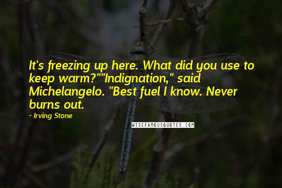Irving Stone Quotes: It's freezing up here. What did you use to keep warm?""Indignation," said Michelangelo. "Best fuel I know. Never burns out.