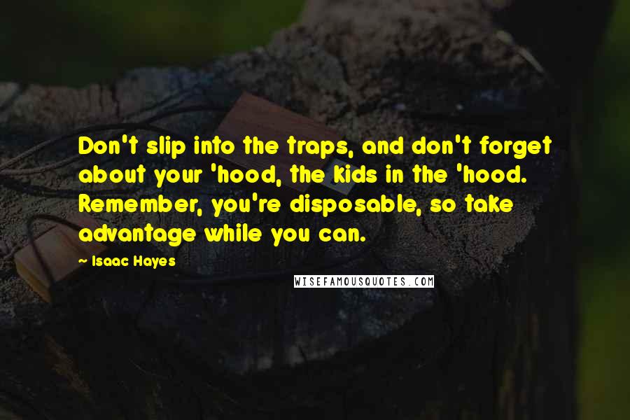 Isaac Hayes Quotes: Don't slip into the traps, and don't forget about your 'hood, the kids in the 'hood. Remember, you're disposable, so take advantage while you can.