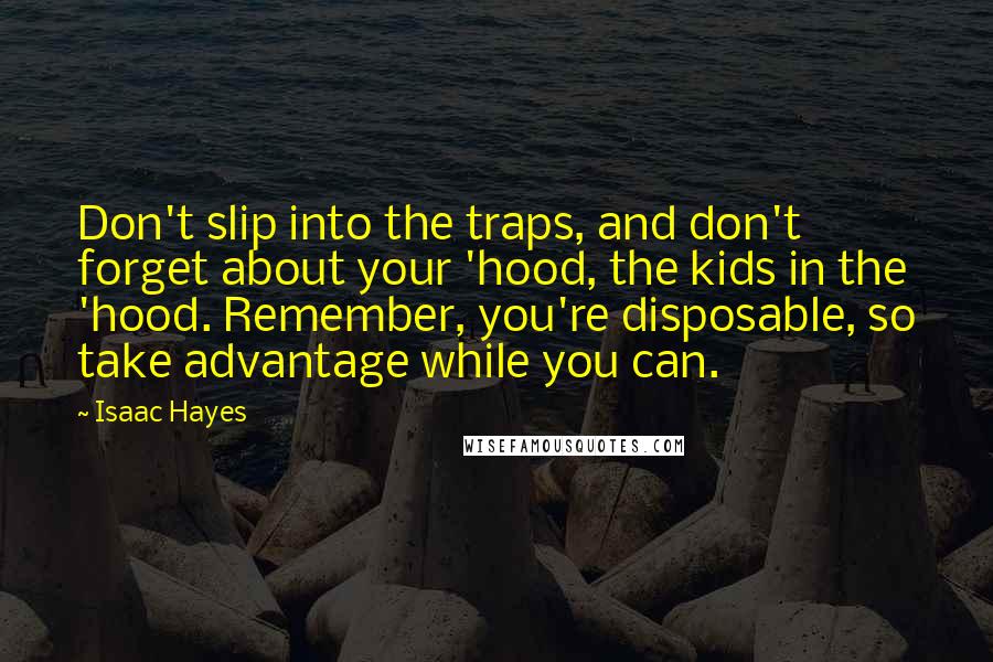 Isaac Hayes Quotes: Don't slip into the traps, and don't forget about your 'hood, the kids in the 'hood. Remember, you're disposable, so take advantage while you can.