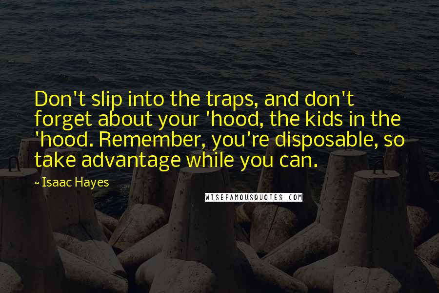 Isaac Hayes Quotes: Don't slip into the traps, and don't forget about your 'hood, the kids in the 'hood. Remember, you're disposable, so take advantage while you can.