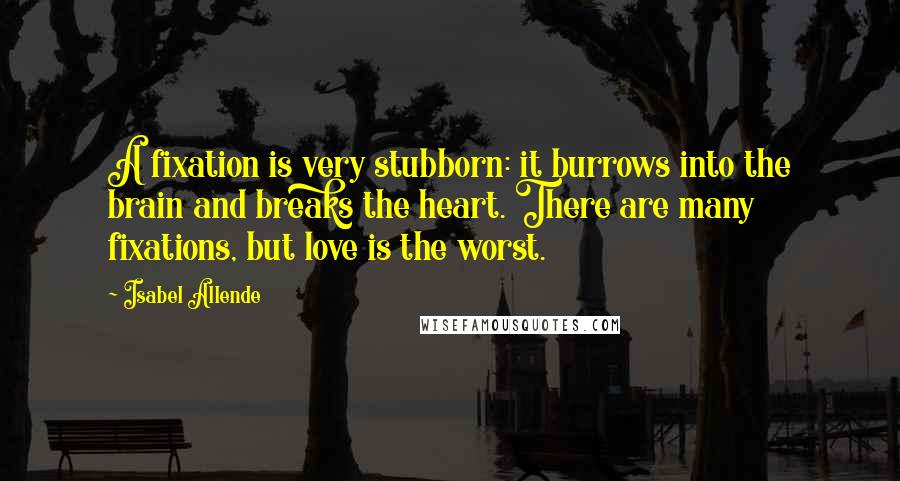 Isabel Allende Quotes: A fixation is very stubborn: it burrows into the brain and breaks the heart. There are many fixations, but love is the worst.