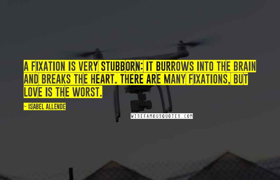 Isabel Allende Quotes: A fixation is very stubborn: it burrows into the brain and breaks the heart. There are many fixations, but love is the worst.