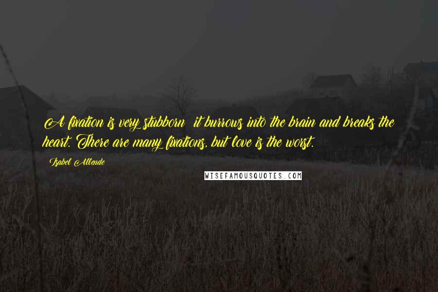 Isabel Allende Quotes: A fixation is very stubborn: it burrows into the brain and breaks the heart. There are many fixations, but love is the worst.