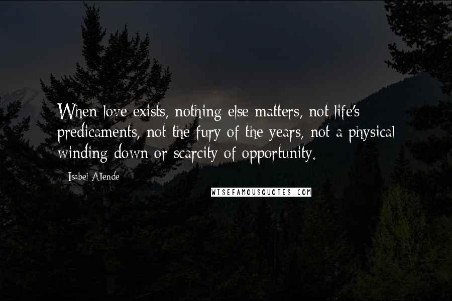 Isabel Allende Quotes: When love exists, nothing else matters, not life's predicaments, not the fury of the years, not a physical winding down or scarcity of opportunity.