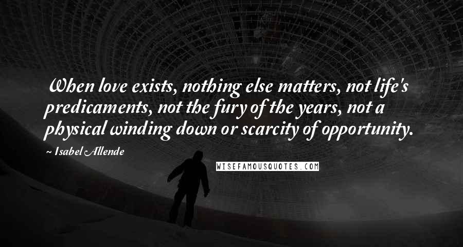 Isabel Allende Quotes: When love exists, nothing else matters, not life's predicaments, not the fury of the years, not a physical winding down or scarcity of opportunity.