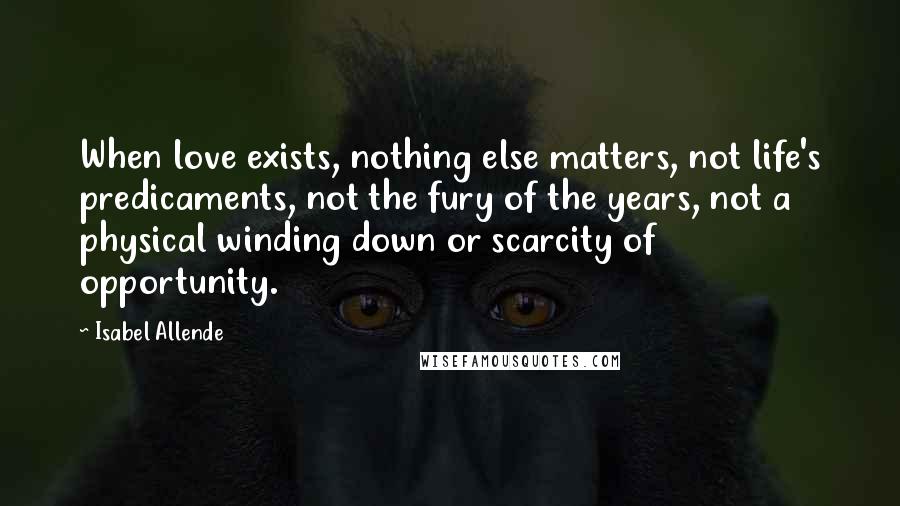 Isabel Allende Quotes: When love exists, nothing else matters, not life's predicaments, not the fury of the years, not a physical winding down or scarcity of opportunity.