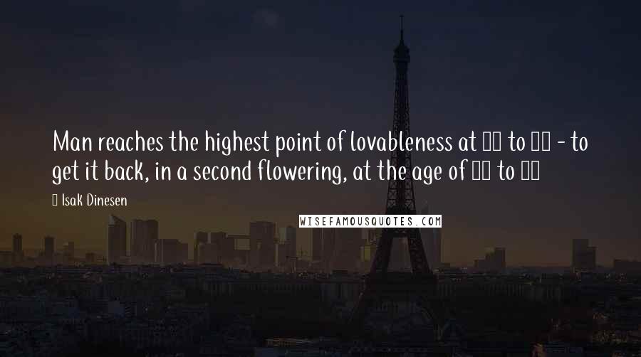 Isak Dinesen Quotes: Man reaches the highest point of lovableness at 12 to 17 - to get it back, in a second flowering, at the age of 70 to 90