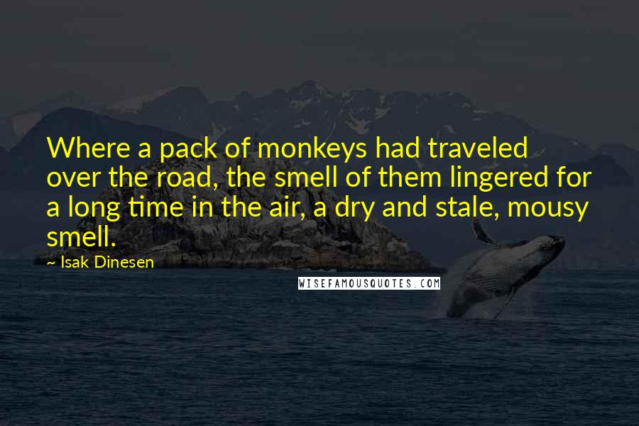 Isak Dinesen Quotes: Where a pack of monkeys had traveled over the road, the smell of them lingered for a long time in the air, a dry and stale, mousy smell.