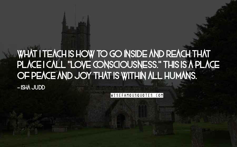 Isha Judd Quotes: What I teach is how to go inside and reach that place I call "love consciousness." This is a place of peace and joy that is within all humans.