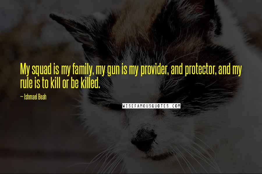 Ishmael Beah Quotes: My squad is my family, my gun is my provider, and protector, and my rule is to kill or be killed.