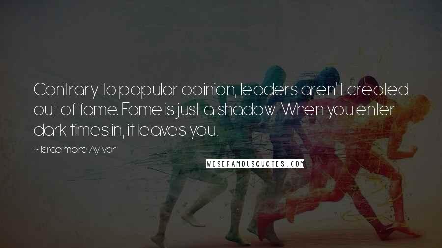 Israelmore Ayivor Quotes: Contrary to popular opinion, leaders aren't created out of fame. Fame is just a shadow. When you enter dark times in, it leaves you.