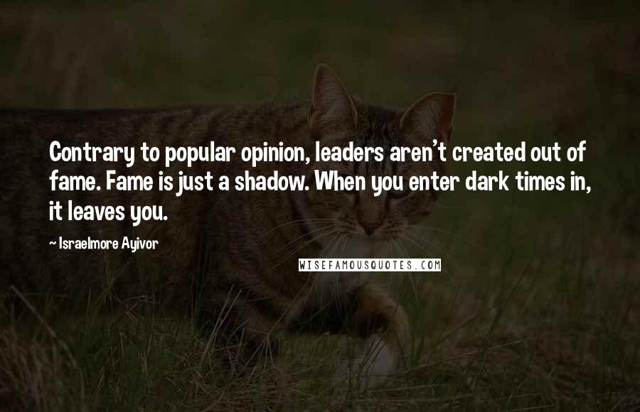 Israelmore Ayivor Quotes: Contrary to popular opinion, leaders aren't created out of fame. Fame is just a shadow. When you enter dark times in, it leaves you.