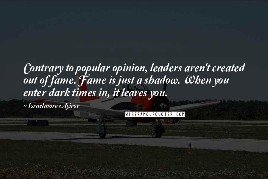 Israelmore Ayivor Quotes: Contrary to popular opinion, leaders aren't created out of fame. Fame is just a shadow. When you enter dark times in, it leaves you.