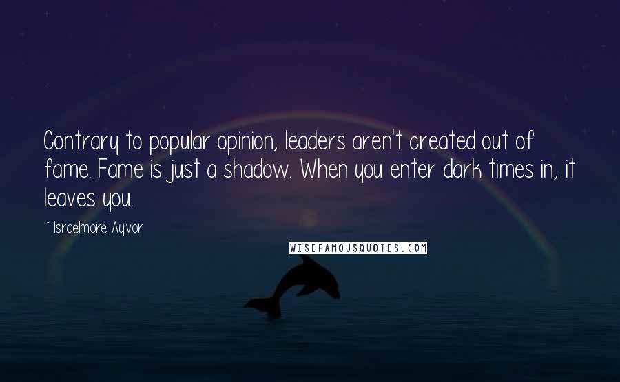 Israelmore Ayivor Quotes: Contrary to popular opinion, leaders aren't created out of fame. Fame is just a shadow. When you enter dark times in, it leaves you.