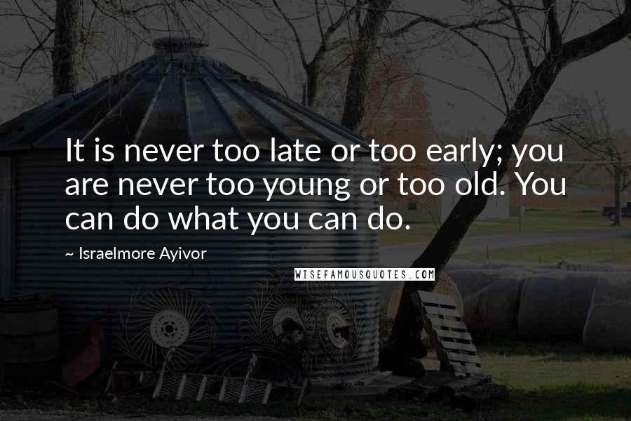 Israelmore Ayivor Quotes: It is never too late or too early; you are never too young or too old. You can do what you can do.