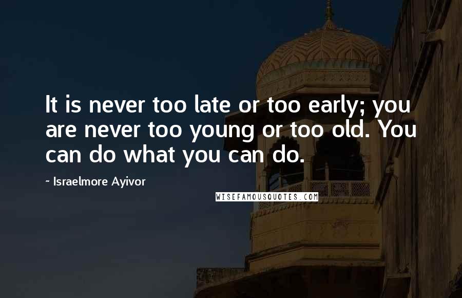 Israelmore Ayivor Quotes: It is never too late or too early; you are never too young or too old. You can do what you can do.