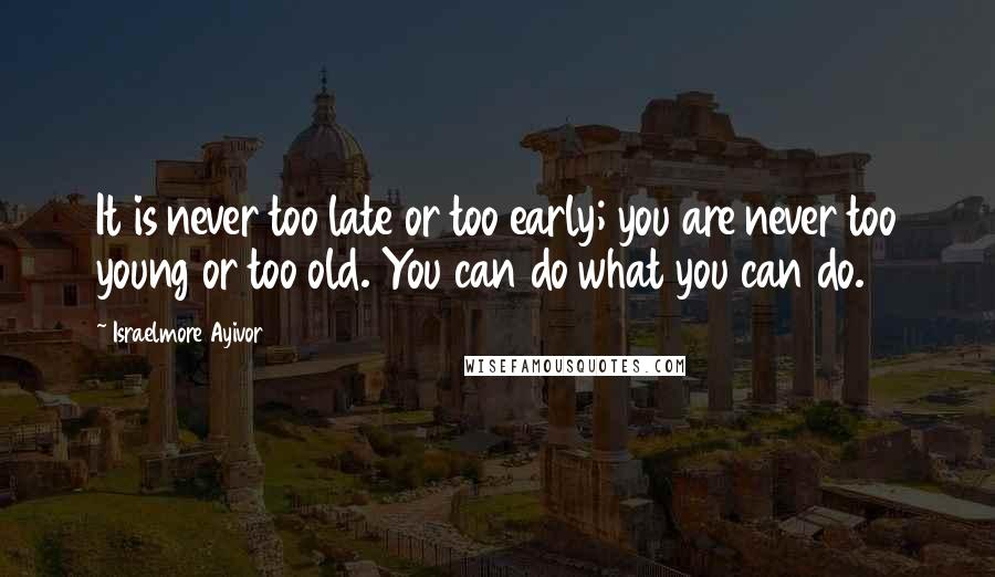 Israelmore Ayivor Quotes: It is never too late or too early; you are never too young or too old. You can do what you can do.