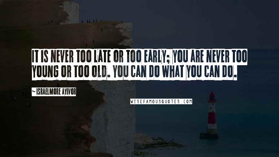 Israelmore Ayivor Quotes: It is never too late or too early; you are never too young or too old. You can do what you can do.