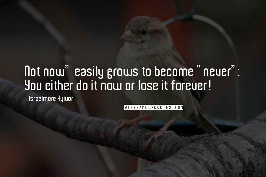 Israelmore Ayivor Quotes: Not now" easily grows to become "never"; You either do it now or lose it forever!