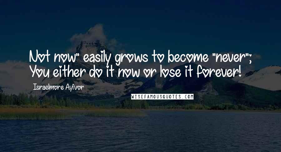 Israelmore Ayivor Quotes: Not now" easily grows to become "never"; You either do it now or lose it forever!