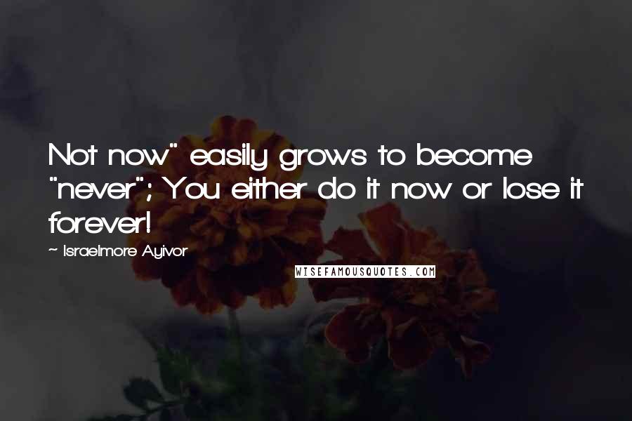 Israelmore Ayivor Quotes: Not now" easily grows to become "never"; You either do it now or lose it forever!