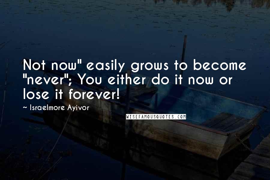 Israelmore Ayivor Quotes: Not now" easily grows to become "never"; You either do it now or lose it forever!