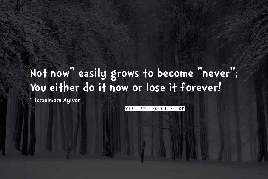 Israelmore Ayivor Quotes: Not now" easily grows to become "never"; You either do it now or lose it forever!