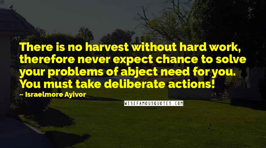 Israelmore Ayivor Quotes: There is no harvest without hard work, therefore never expect chance to solve your problems of abject need for you. You must take deliberate actions!