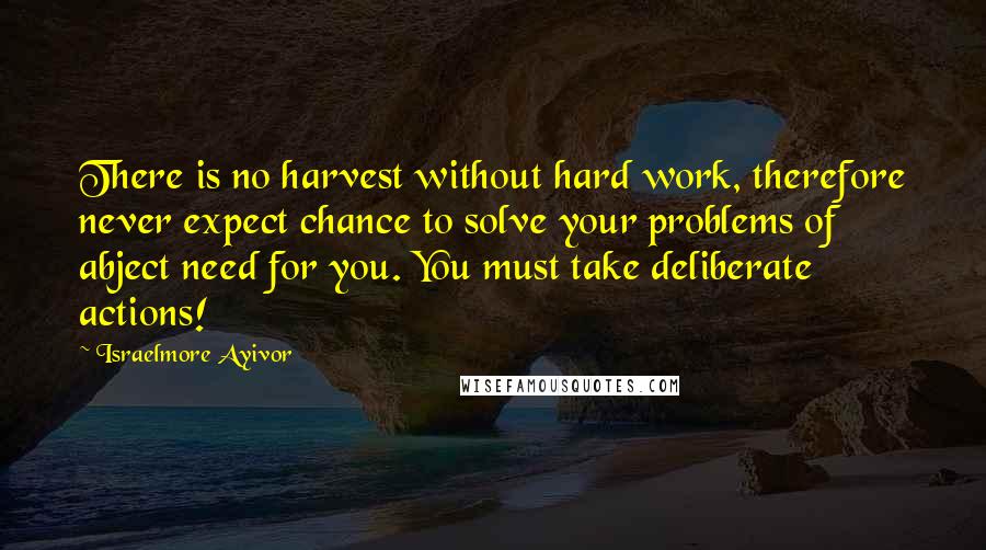 Israelmore Ayivor Quotes: There is no harvest without hard work, therefore never expect chance to solve your problems of abject need for you. You must take deliberate actions!