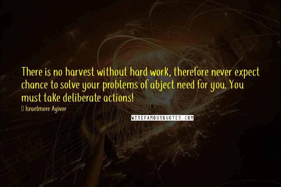 Israelmore Ayivor Quotes: There is no harvest without hard work, therefore never expect chance to solve your problems of abject need for you. You must take deliberate actions!