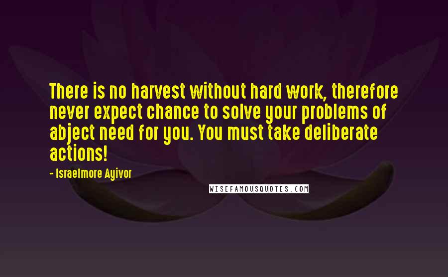 Israelmore Ayivor Quotes: There is no harvest without hard work, therefore never expect chance to solve your problems of abject need for you. You must take deliberate actions!