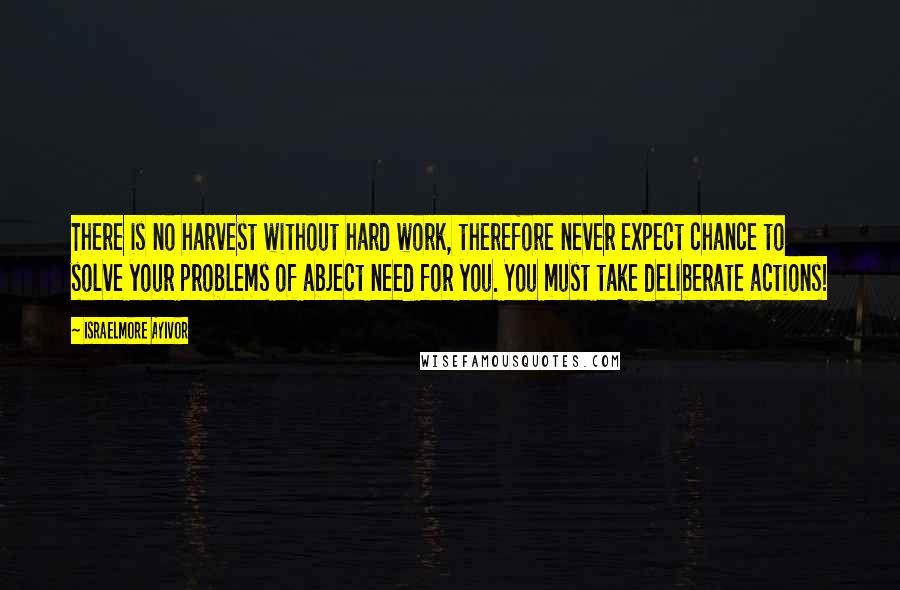 Israelmore Ayivor Quotes: There is no harvest without hard work, therefore never expect chance to solve your problems of abject need for you. You must take deliberate actions!