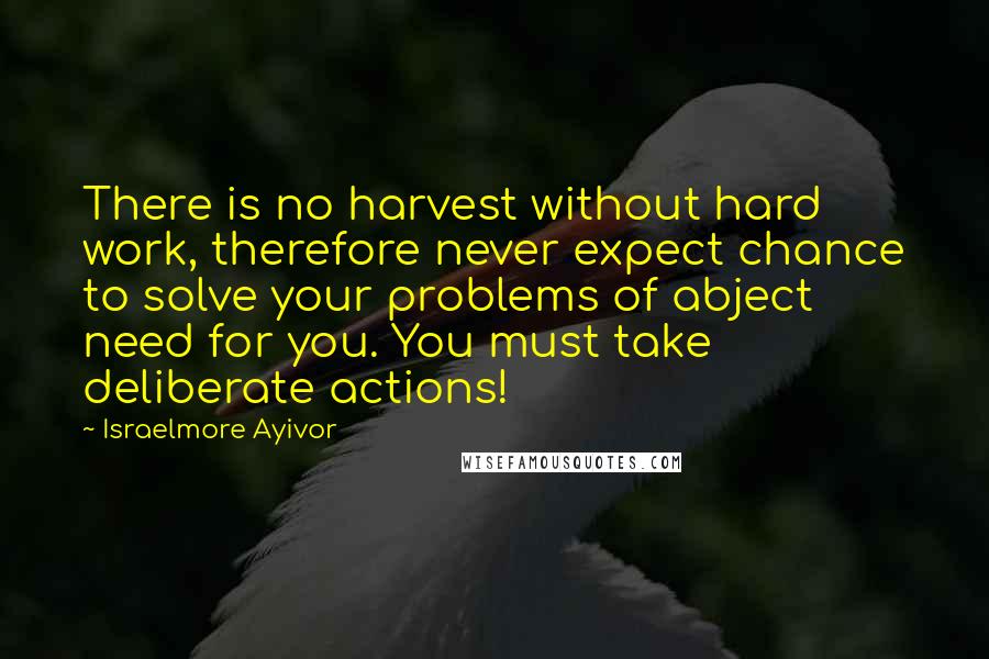 Israelmore Ayivor Quotes: There is no harvest without hard work, therefore never expect chance to solve your problems of abject need for you. You must take deliberate actions!