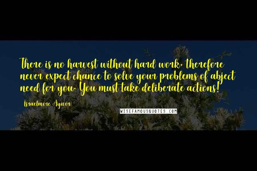 Israelmore Ayivor Quotes: There is no harvest without hard work, therefore never expect chance to solve your problems of abject need for you. You must take deliberate actions!