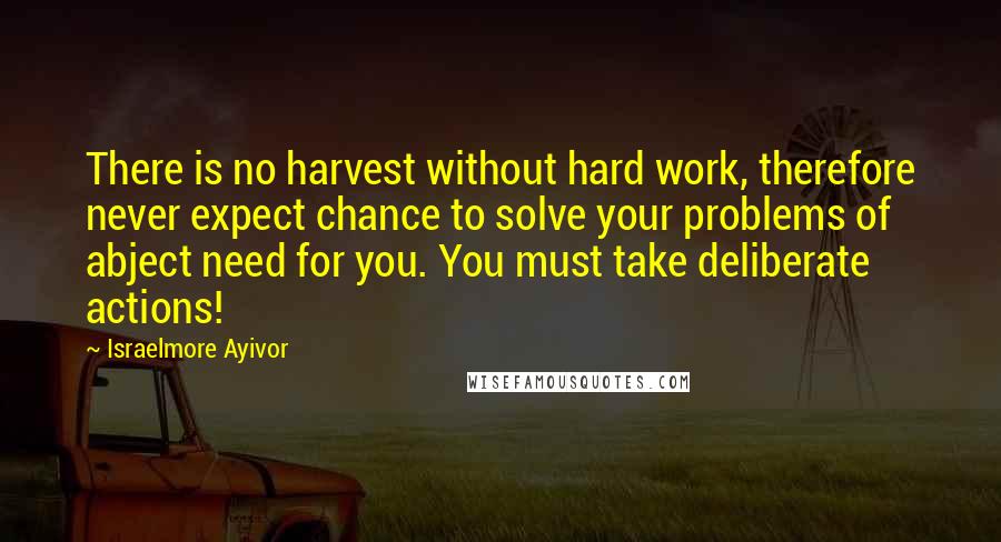 Israelmore Ayivor Quotes: There is no harvest without hard work, therefore never expect chance to solve your problems of abject need for you. You must take deliberate actions!