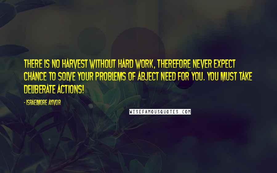 Israelmore Ayivor Quotes: There is no harvest without hard work, therefore never expect chance to solve your problems of abject need for you. You must take deliberate actions!