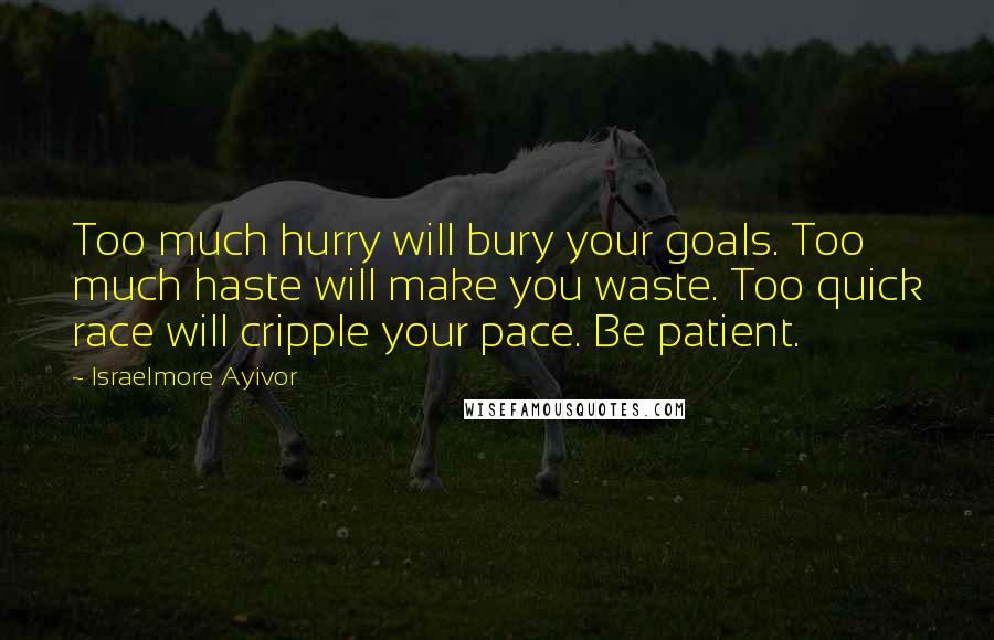 Israelmore Ayivor Quotes: Too much hurry will bury your goals. Too much haste will make you waste. Too quick race will cripple your pace. Be patient.