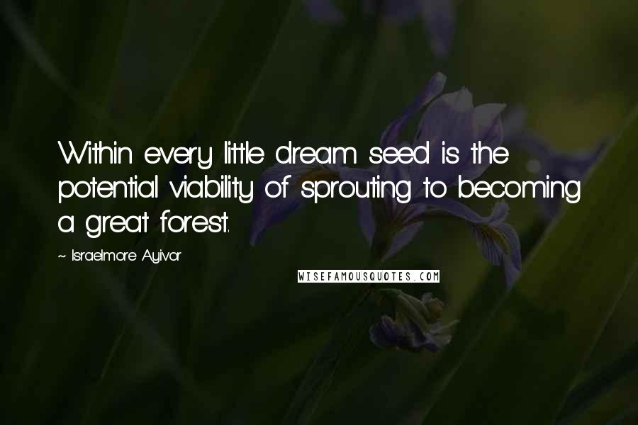 Israelmore Ayivor Quotes: Within every little dream seed is the potential viability of sprouting to becoming a great forest.