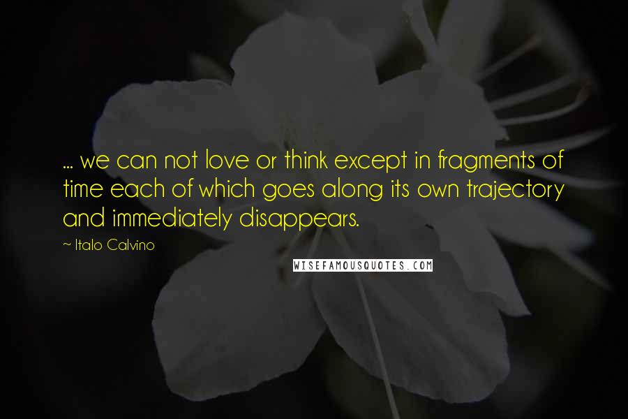Italo Calvino Quotes: ... we can not love or think except in fragments of time each of which goes along its own trajectory and immediately disappears.